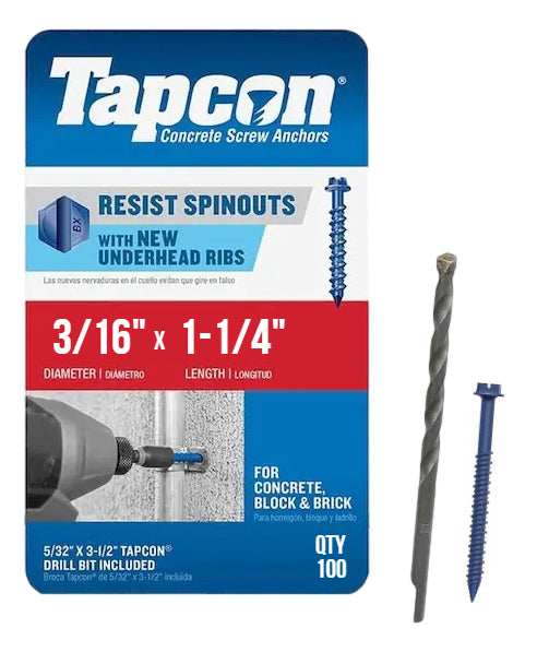 Tapcon 3/16" x 1-1/4" Hex Head Concrete Anchor Screws 3139407 | 100 Pack | Drill Bit Included