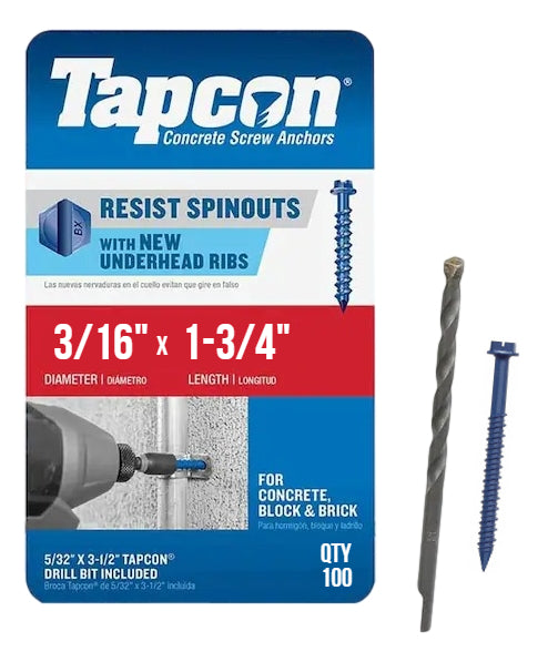 Tapcon 3/16" x 1-3/4" Hex Head Concrete Anchor Screws 3141407 | 100 Pack | Drill Bit Included