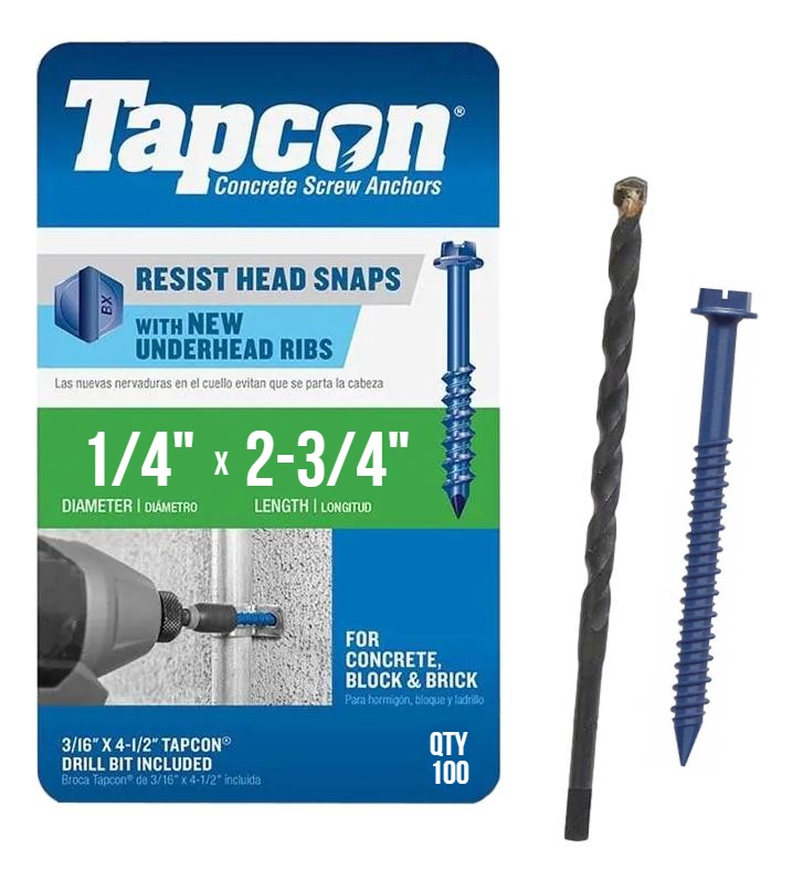 Tapcon 1/4" x 2-3/4" Hex Head Concrete Anchor Screws 3159407 | 100 Pack | Drill Bit Included