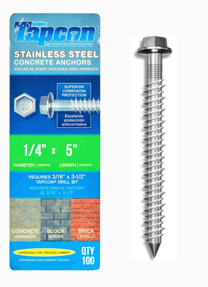 Tapcon 1/4" x 5" Stainless Hex Head