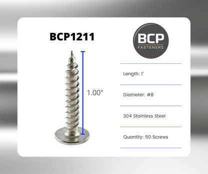 50 Qty #8 x 1" 304 Stainless Steel Phillips Modified Truss Head Wood Screws (BCP1211)