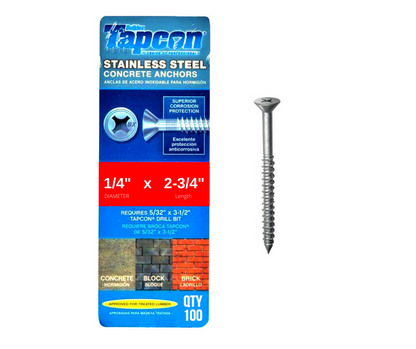 Tapcon 1/4" x 2-3/4" Stainless Steel Phillips Flat Head Concrete Anchor Screws 3376907 | 100 Pack | Drill Bit Included