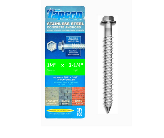 Tapcon 1/4" x 3-1/4" Stainless Steel Hex Head Concrete Anchor Screws 3371907 | 100 Pack | Drill Bit Included