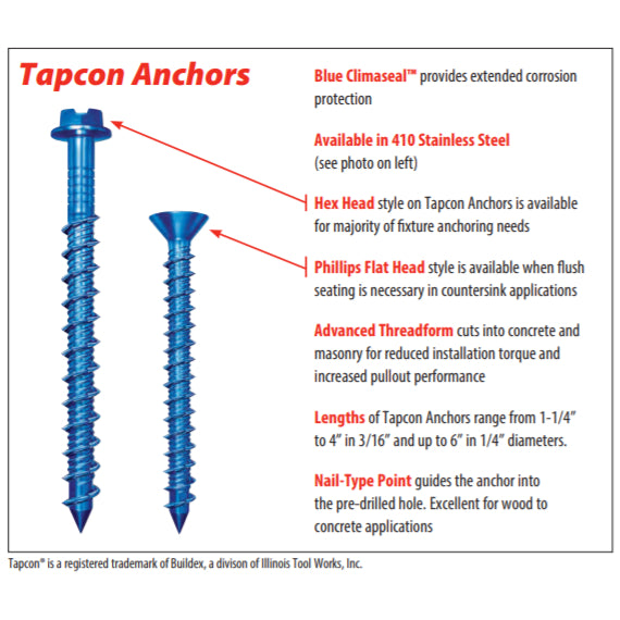 Tapcon 1/4" x 3-3/4" Hex Head Concrete Anchor Screws 3163407 | 100 Pack | Drill Bit Included