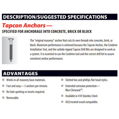 Tapcon 1/4" x 4" Star Torx Head Concrete Anchor Screws 3195407V2 | 100 Pack | Drill Bit Included