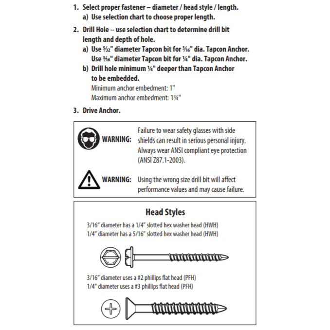 Tapcon 1/4" x 3-3/4" Hex Head Concrete Anchor Screws 3163407 | 100 Pack | Drill Bit Included